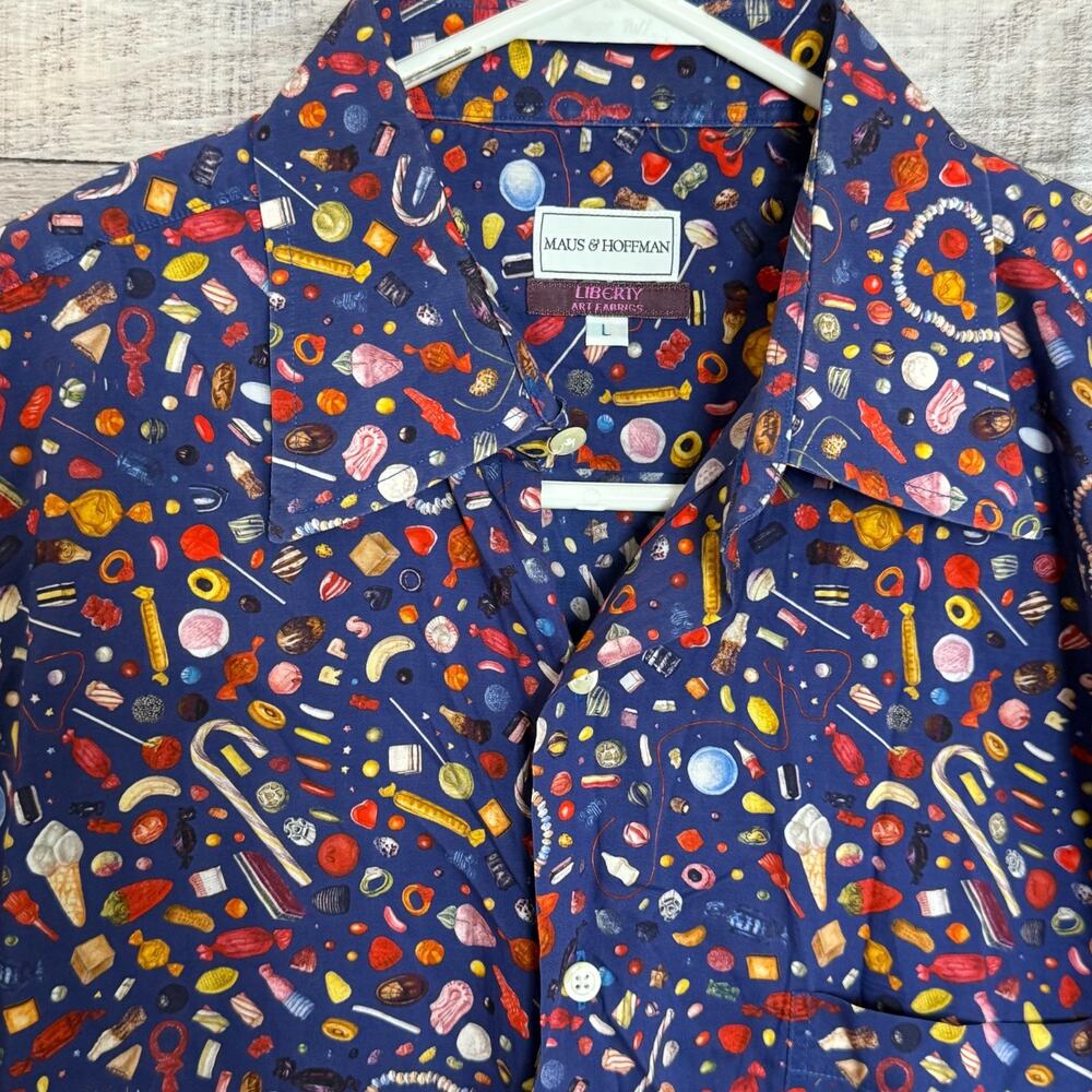 Maus & Hoffman Liberty Art Party Shirt Mens Large Blue Graphic Button Up